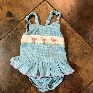 Silly Goose Flamingo Blue Checkered Smock size 4T